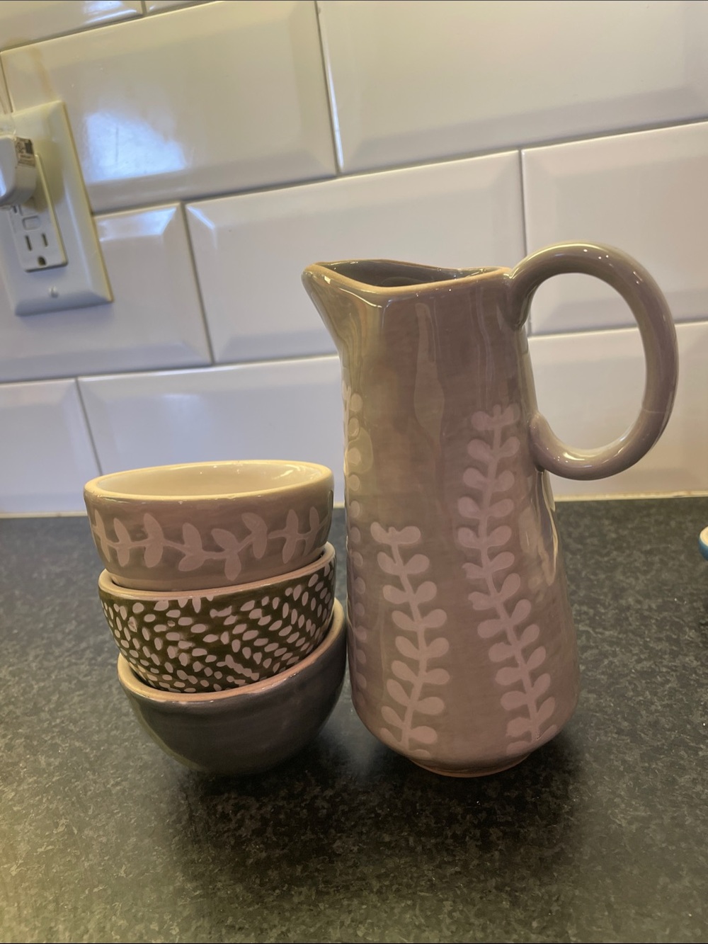 Mud Pie Lavender Ceramic Pitcher with Nesting Accent Bowls
